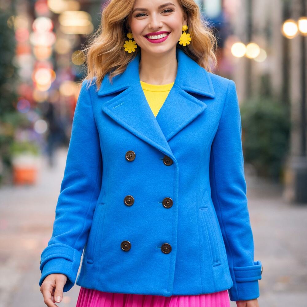 Lands' End Blue Wool/Cashmere Pea Coat 8P Nautical Sailor Chic Dopamine Dressing